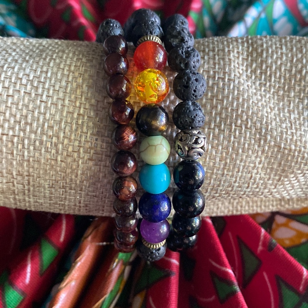 Set 3 Multi-Gemstone Tigers Eye Lava Bead Chakra Diffuser Stretch Bracelets